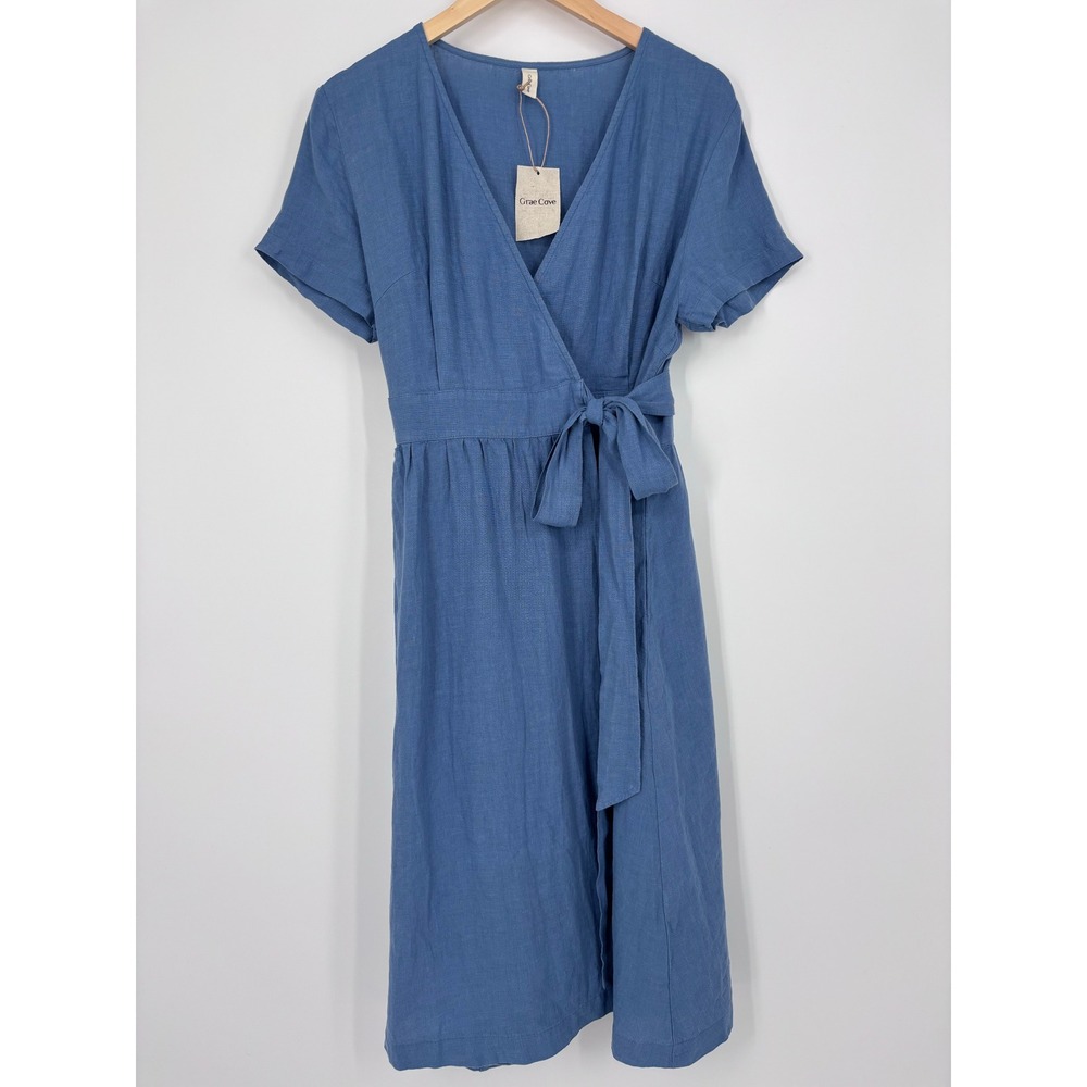 Grae Cove 100% Linen Short Sleeve V-Neck Wrap Midi Dress Women Size L Blue NEW